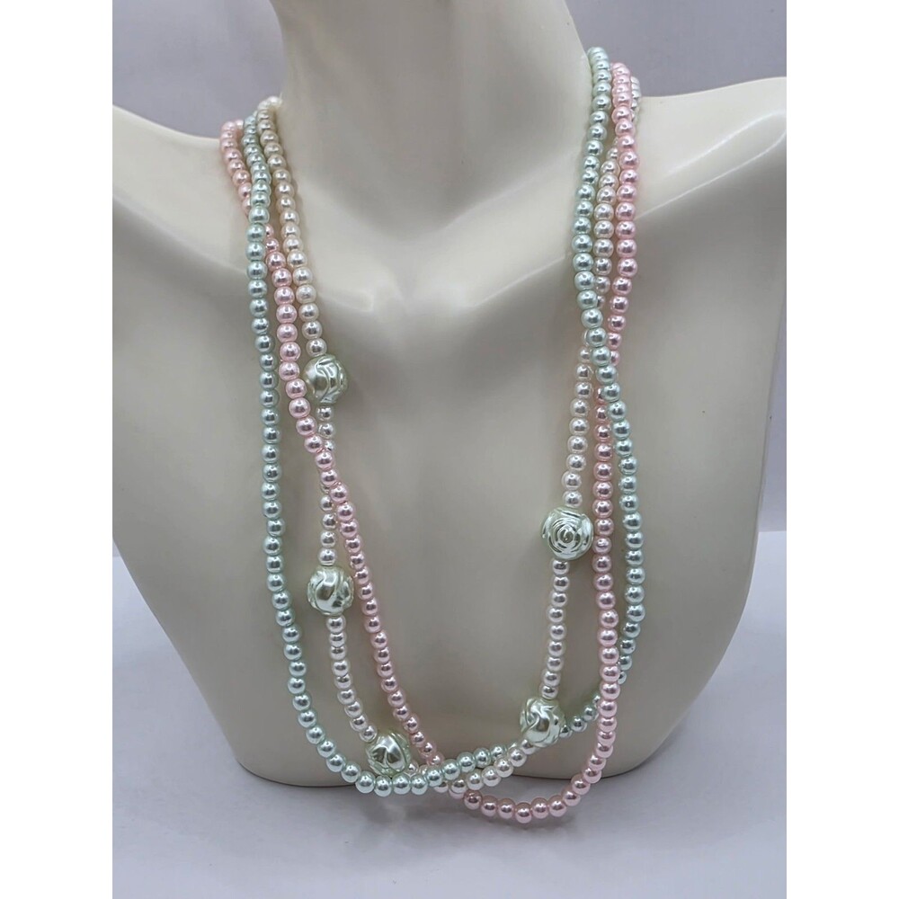 Vintage Pastel Faux Pearl 3 Strand Beaded Necklace 16"